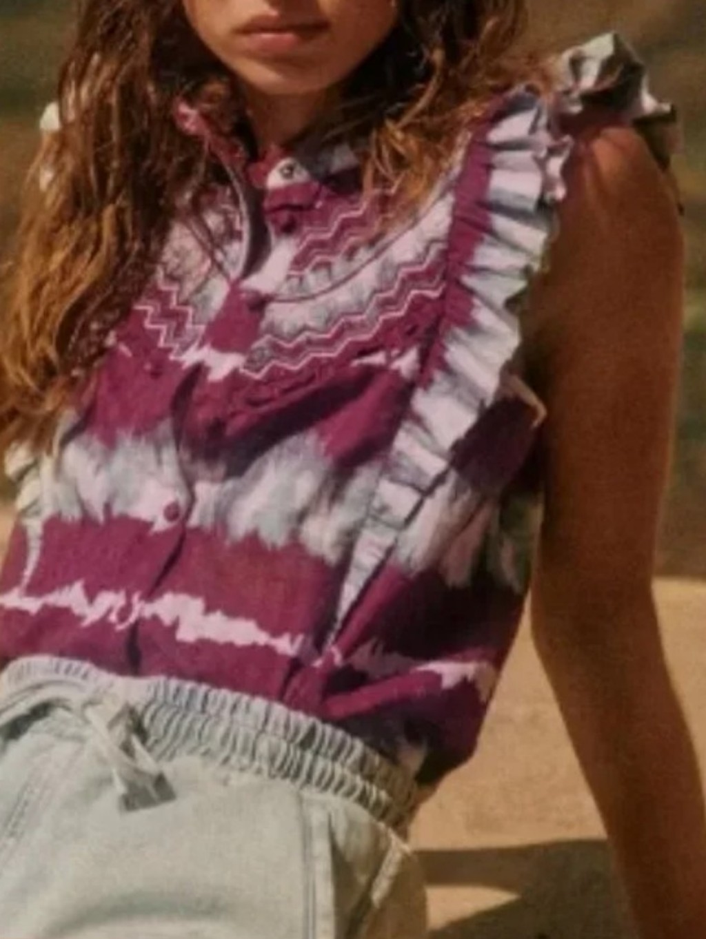 Sezane Elena Tie Dye Purple Sleeveless Ruffled Top Shirt Size 2